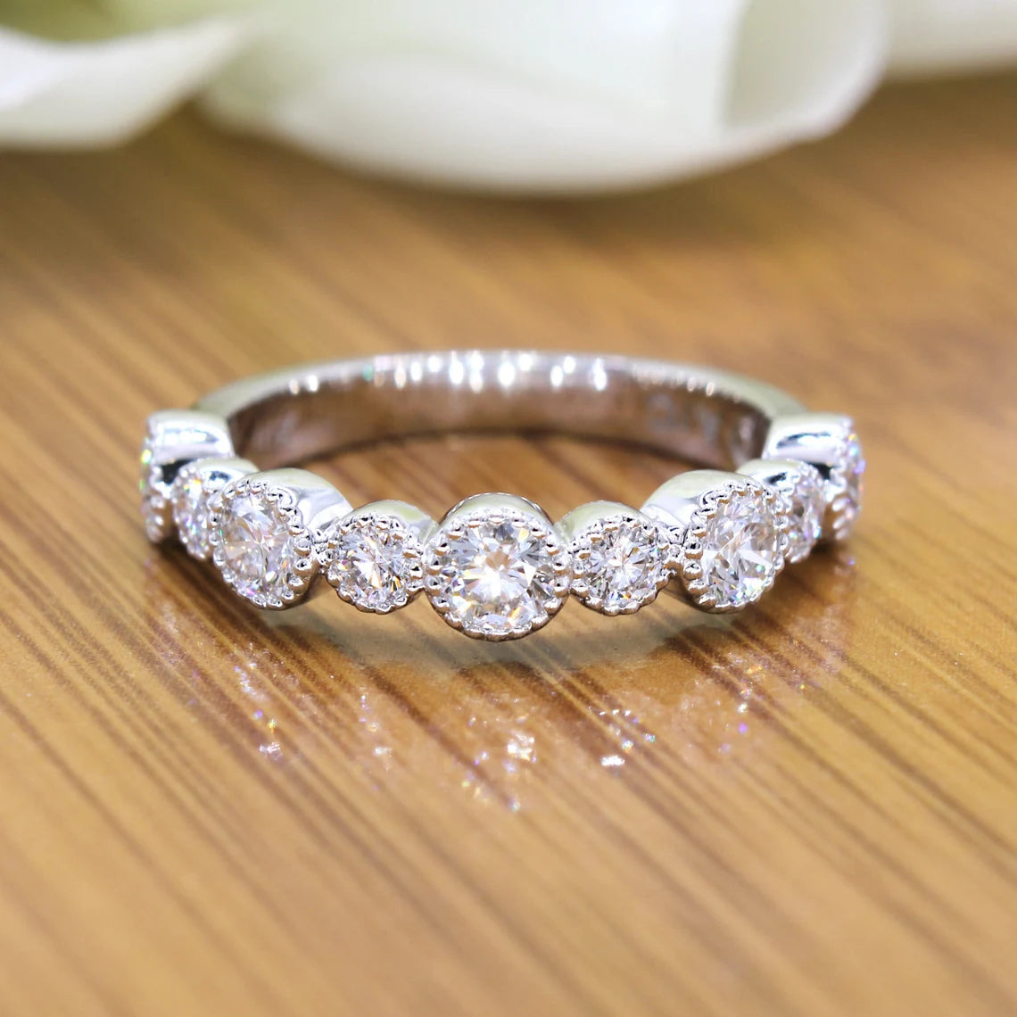 0.85 ct. Round Diamond Wedding Stackable Band, Bezel Set Milgrain Accent Ring-VIRABYANI